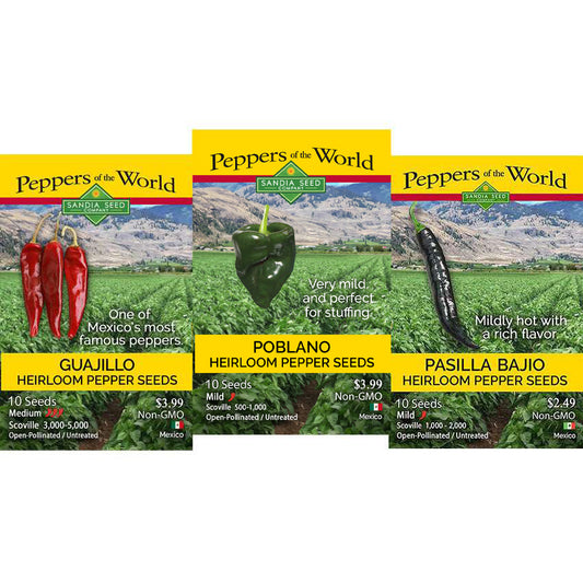 Three Pepper of the World Sanja Seed heirloom pepper seed packages shown side by side: Guajillo, Poblan, and Pasilla Baso, with pepper photos and package details on a white background.