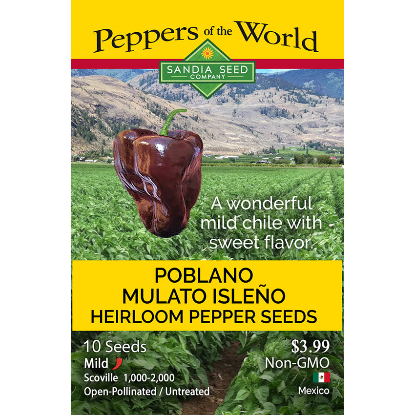 Seed packet for Sandia Seed Company 'Poblano Mulato Islén' heirloom pepper seeds, featuring a yellow header, a photo of a glossy dark red pepper, and a green pepper field background.