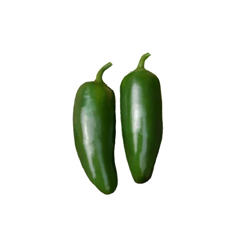 Two green Nadapeno No-Heat Jalapeno peppers with smooth skin, ideal for growing sweet, flavorful jalapenos without spice.