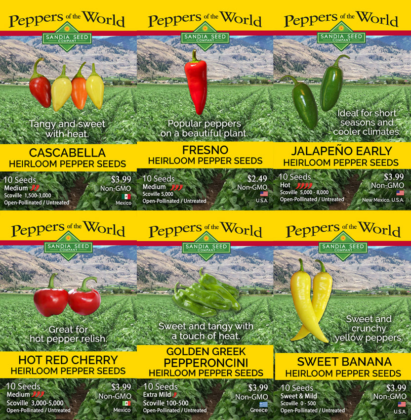 A 6x2 grid of pepper seed listings under the brand Peppers of the World, showing illustrated or photographed peppers and text for Cascabella, Fresno, Jalapeño Early, Red Hot Cherry, Golden Greek Pepperoncini, and Sweet Banana heirloom pepper seeds.