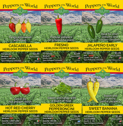 A 6x2 grid of pepper seed listings under the brand Peppers of the World, showing illustrated or photographed peppers and text for Cascabella, Fresno, Jalapeño Early, Red Hot Cherry, Golden Greek Pepperoncini, and Sweet Banana heirloom pepper seeds.