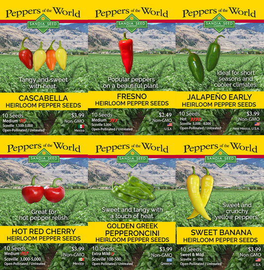 A 6x2 grid of pepper seed listings under the brand Peppers of the World, showing illustrated or photographed peppers and text for Cascabella, Fresno, Jalapeño Early, Red Hot Cherry, Golden Greek Pepperoncini, and Sweet Banana heirloom pepper seeds.