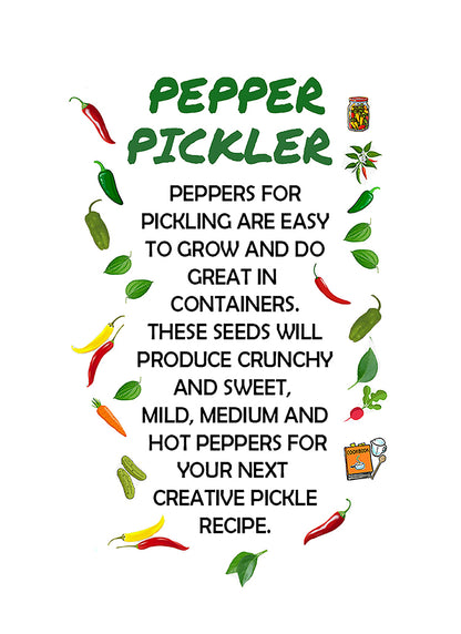 A vertical printed poster with the title 'PEPPER PICKLER' in large green letters and black instructional text about growing and picking peppers. The design is decorated with small illustrated peppers, leaves, and a jar of pickles around the border on a white background.