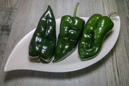Three glossy green poblano ancho gigantea peppers arranged on a white leaf-shaped serving platter over a gray wood-textured surface.