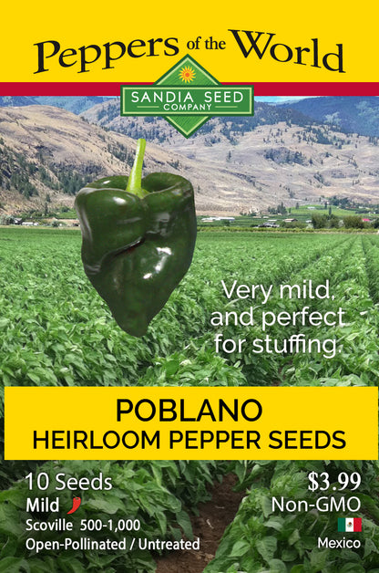 Seed packet for Sandia Seed Company Poblano Heirloom Pepper Seeds, featuring a large green pepper graphic over a field scene with mountains, yellow header and footer bands, and product text including 'Very mild and perfect for stuffing' and '10 Seeds $3.99 Non-GMO'.