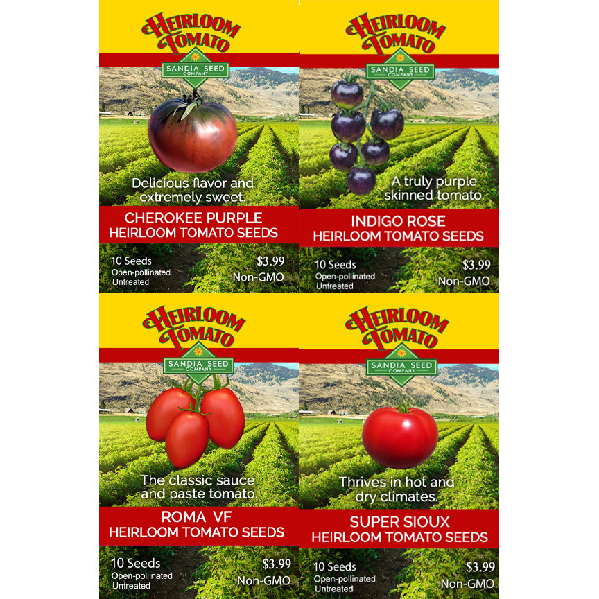A seed packet collage showing four heirloom tomato seed varieties: Cherokee Purple, Indigo Rose, Roma VF, and Super Sioux, each with a large tomato photo, green vineyard background, and Heirloom Tomato branding.