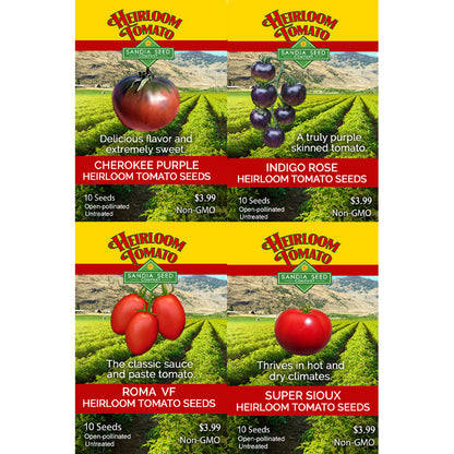 A seed packet collage showing four heirloom tomato seed varieties: Cherokee Purple, Indigo Rose, Roma VF, and Super Sioux, each with a large tomato photo, green vineyard background, and Heirloom Tomato branding.
