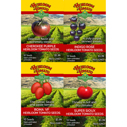 A seed packet collage showing four heirloom tomato seed varieties: Cherokee Purple, Indigo Rose, Roma VF, and Super Sioux, each with a large tomato photo, green vineyard background, and Heirloom Tomato branding.