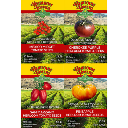 Popular Tomato Seeds Bundle - 15% Off 4-Pack features heirloom varieties: Mexico Midget, Cherokee Purple, San Marzano, and Pineapple. Ideal for home gardeners seeking flavorful cherry, slicer, paste, and beefsteak tomatoes.