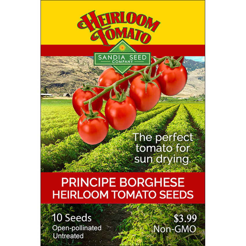 Principe Borghese heirloom tomato seed packet with image of tomatoes and farm background, labeled non-GMO and perfect for sun drying.
