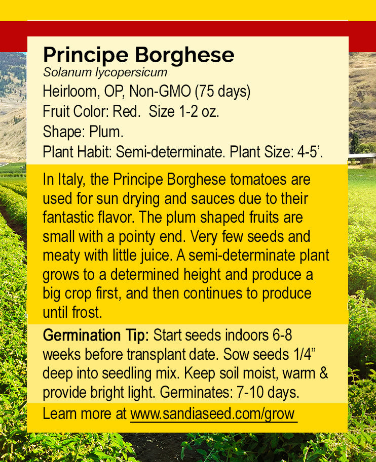 Principe Borghese tomato seed packet description highlighting heirloom, non-GMO traits and sun drying benefits for home garden growers.