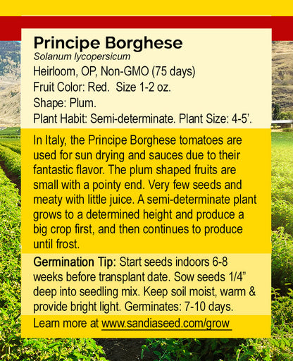 Principe Borghese tomato seed packet description highlighting heirloom, non-GMO traits and sun drying benefits for home garden growers.