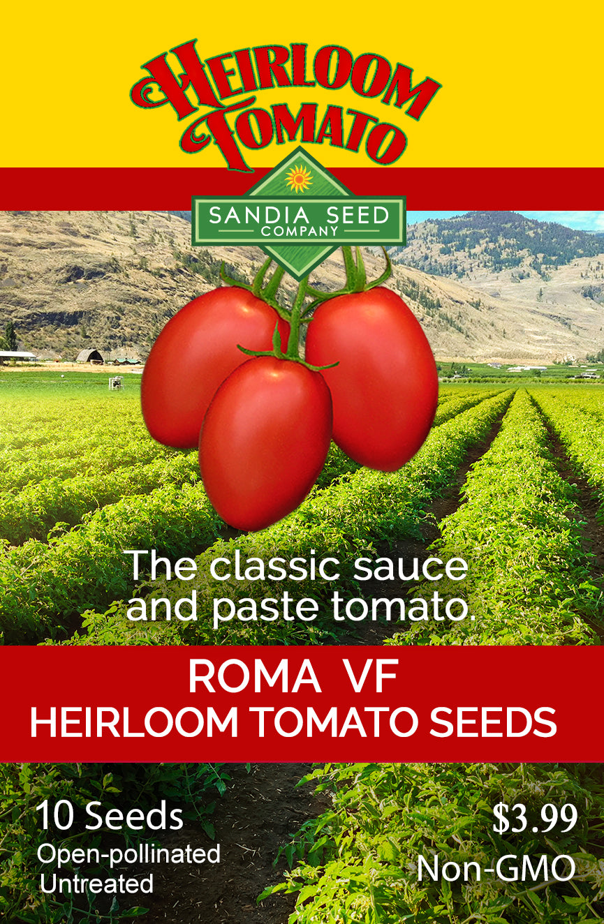 Seed packet design for Sandia Seed Company Heirloom Tomato seeds, featuring a yellow header with red script text, a photo of three red tomatoes, a farm field background, and product text including 'The classic sauce and paste tomato' and 'Roma VF Heirloom Tomato Seeds'.