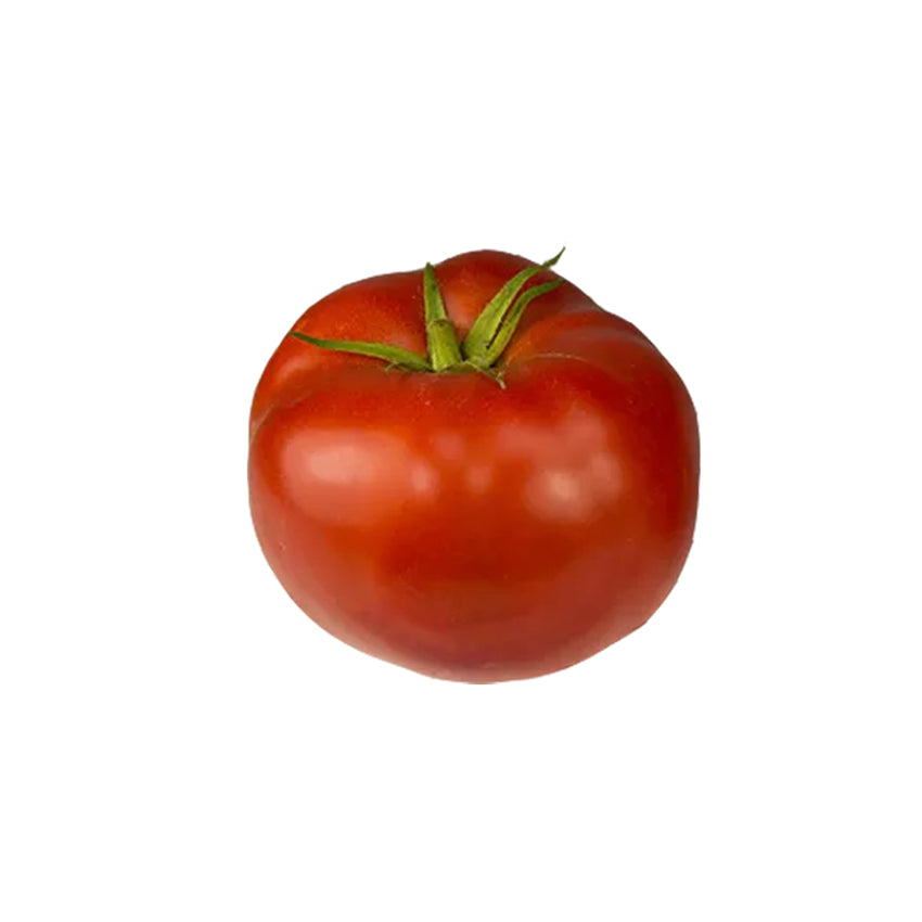A single ripe red tomato with a green stem visible at the top, isolated on a plain white background.