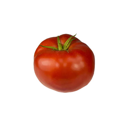 A single ripe red tomato with a green stem visible at the top, isolated on a plain white background.