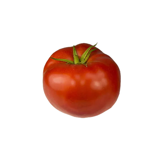 A single ripe red tomato with a green stem visible at the top, isolated on a plain white background.