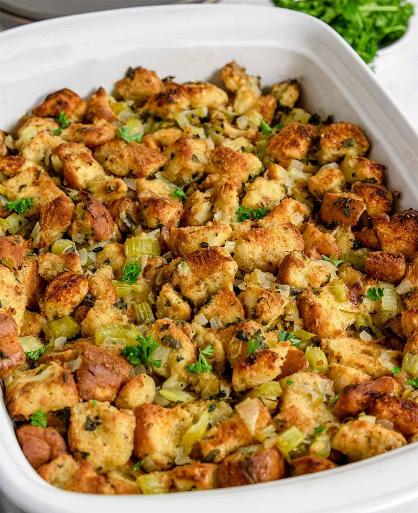 Homemade stuffing dish seasoned with aromatic garden sage, showcasing the culinary use of Sage in flavorful herb-infused recipes.