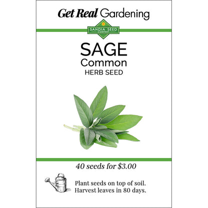 Sage Seeds packet from Get Real Gardening featuring 40 garden herb seeds for growing  aromatic sage for culinary use. Ideal for home gardens and easy to grow.