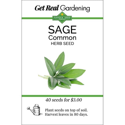 Sage Seeds packet from Get Real Gardening featuring 40 garden herb seeds for growing  aromatic sage for culinary use. Ideal for home gardens and easy to grow.