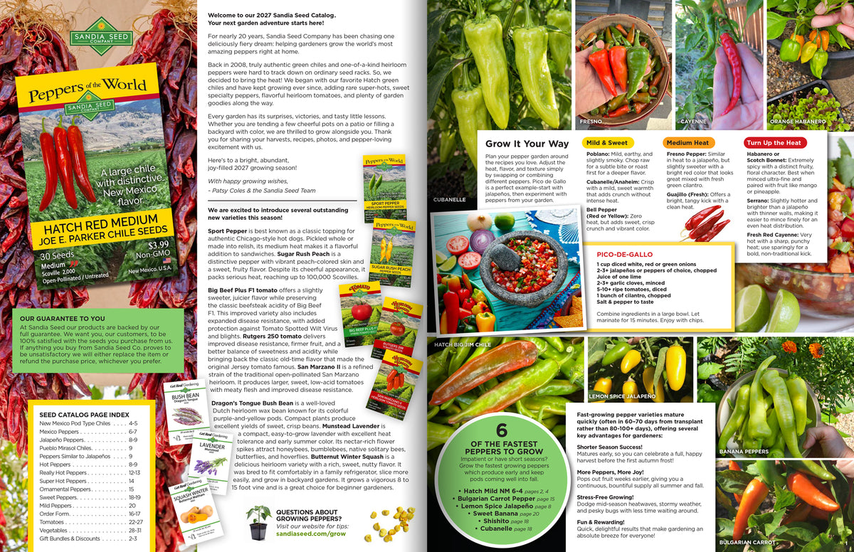 Inside cover spread of the 2027 Seed Catalog from Sandia Seed - includes recipes, fastest growing peppers and new varieties including the Sport Pepper