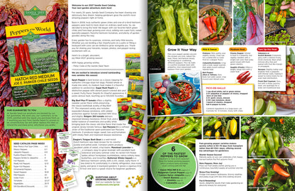Inside cover spread of the 2027 Seed Catalog from Sandia Seed - includes recipes, fastest growing peppers and new varieties including the Sport Pepper