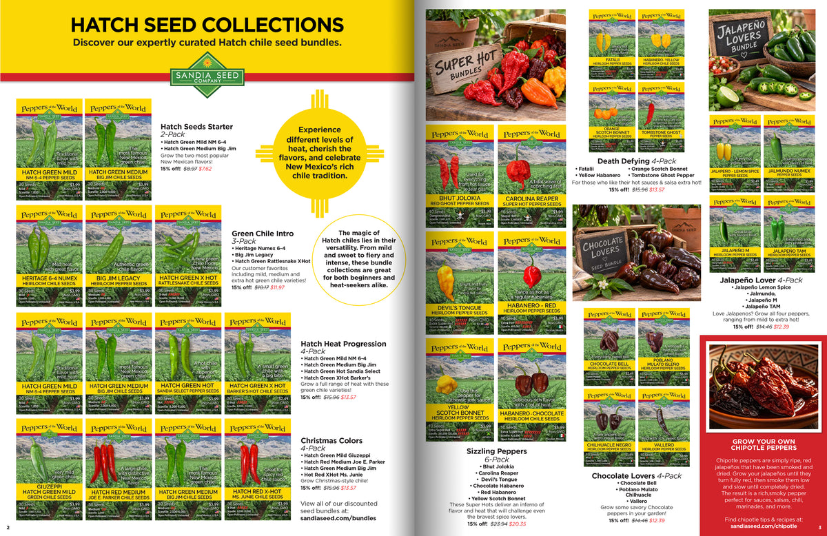 Sandia Seed Catalog - Bundles Spread with Hatch Chile Seeds and other pepper seed gift sets