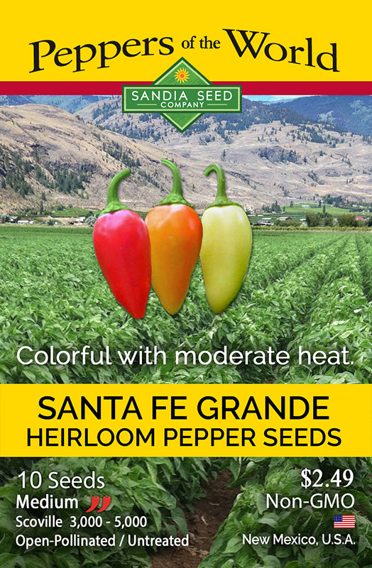 Heirloom Santa Fe Grande Pepper Seed packet colorful ornamental medium heat
