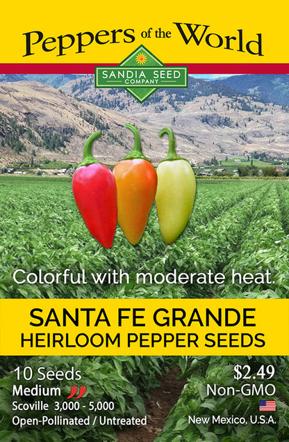 Heirloom Santa Fe Grande Pepper Seed packet colorful ornamental medium heat