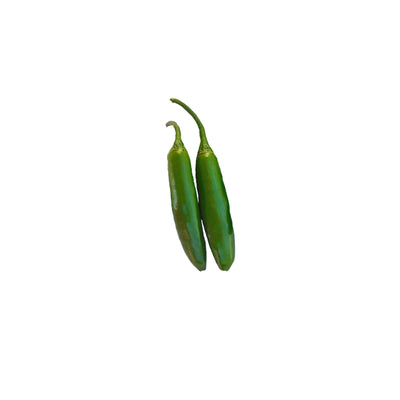 Two fresh green Serrano Tampiqueño peppers showcasing their slender shape and vibrant color, ideal for heirloom hot pepper seed listings.