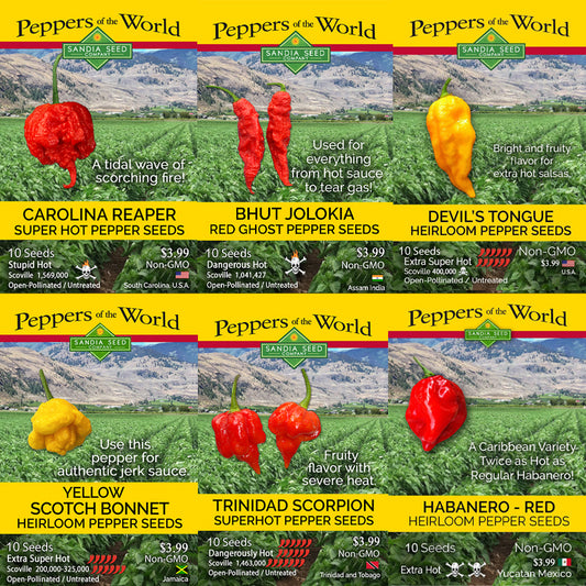 Six pepper seed packet fronts from Peppers of the World, showing different hot pepper varieties including Carolina Reaper, Bhut Jolokia, Devil's Tongue, Yellow Scotch Bonnet, Trinidad Scorpion, Habanero Red, and with photos of peppers, labels, and pricing.