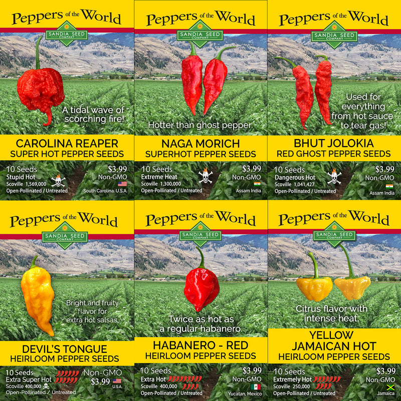 Sizzling Hot Pepper Seeds 6-Pack Discount Sale featuring Carolina Reaper, Naga Morich, Bhut Jolokia, and more for extreme heat gardening.