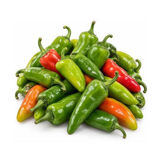 A pile of fresh green Sport peppers with two bright red chili peppers and one orange chili pepper, arranged on a clean white background.