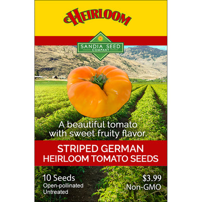 Front label of Striped German Heirloom Tomato Seeds packet showing a ripe bi-color tomato and garden background, ideal for planting.