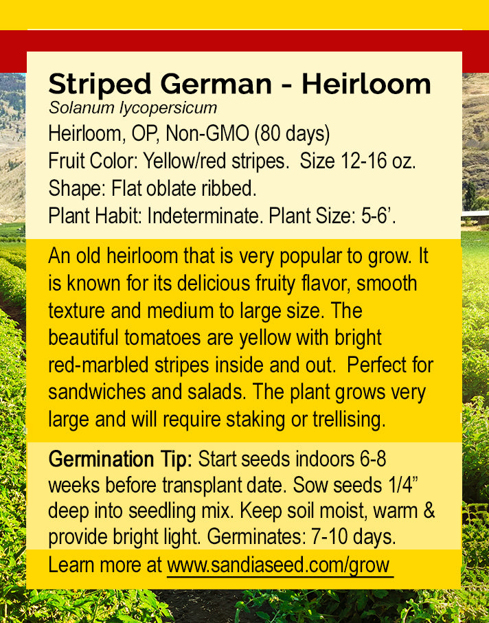 Seed packet description for Striped German Tomato Seeds highlighting heirloom, non-GMO traits and fruity flavor for home gardens.