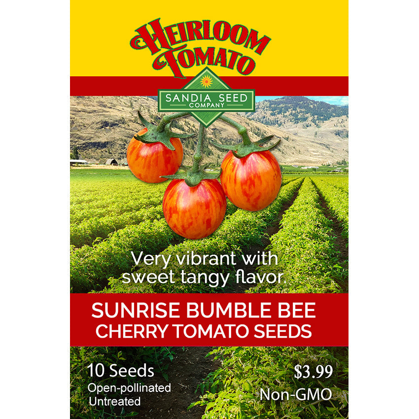 Sunrise Bumble Bee Tomato Seeds packet showing vibrant red and yellow cherry tomatoes with sweet tangy flavor, ideal for home gardens.