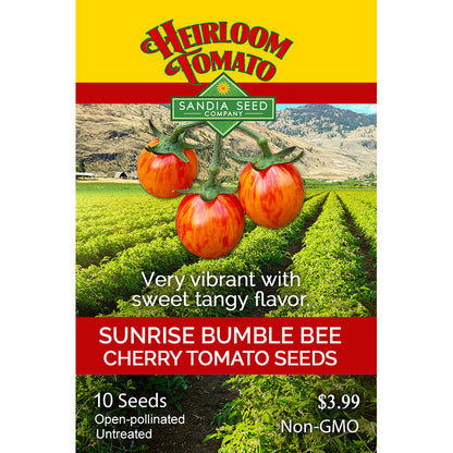 Sunrise Bumble Bee Tomato Seeds packet showing vibrant red and yellow cherry tomatoes with sweet tangy flavor, ideal for home gardens.