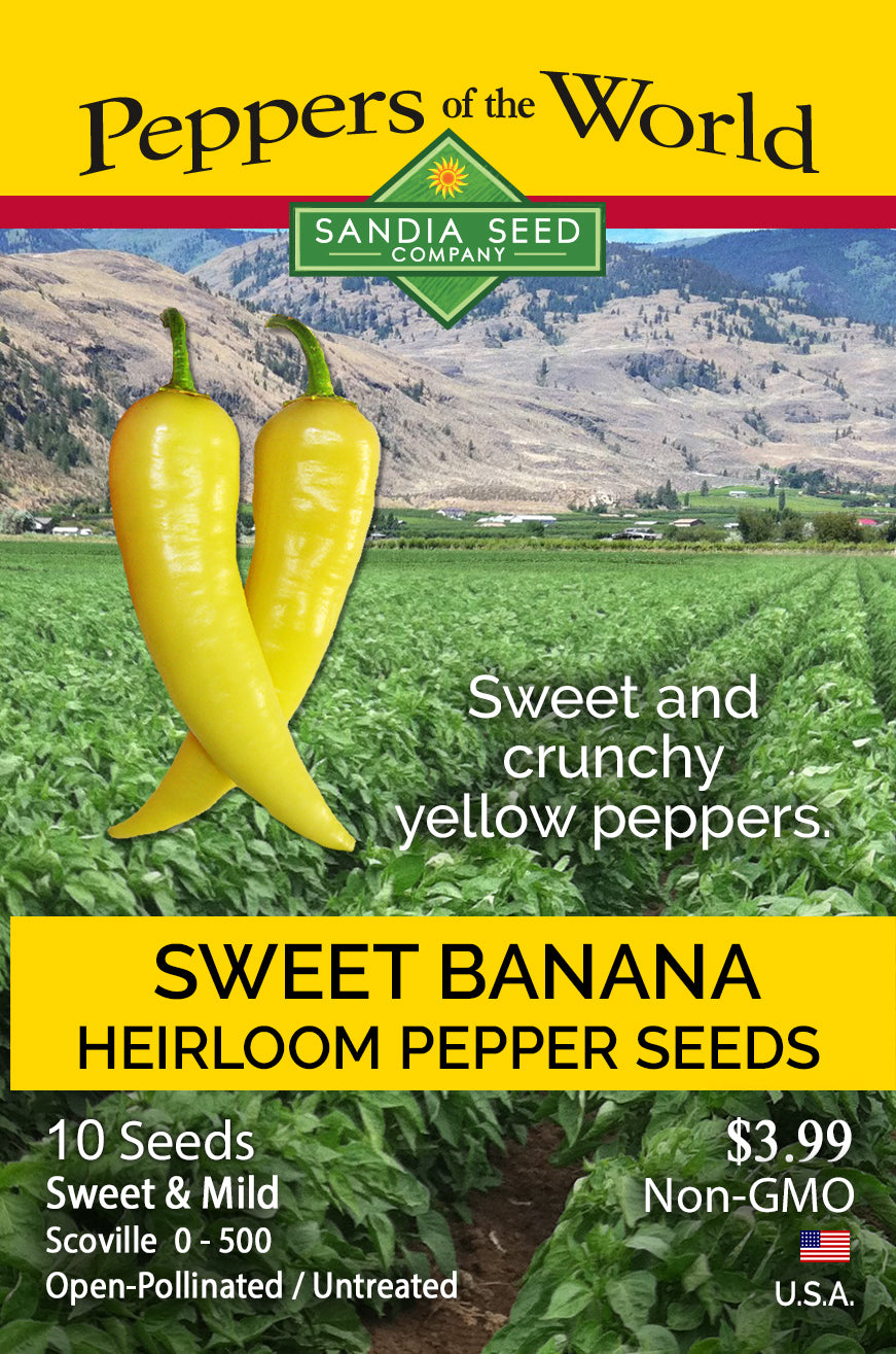 Seed packet for Sandia Seed Company Sweet Banana Heirloom Pepper Seeds, featuring a yellow background with a photo of green pepper fields, two yellow peppers, and product details.