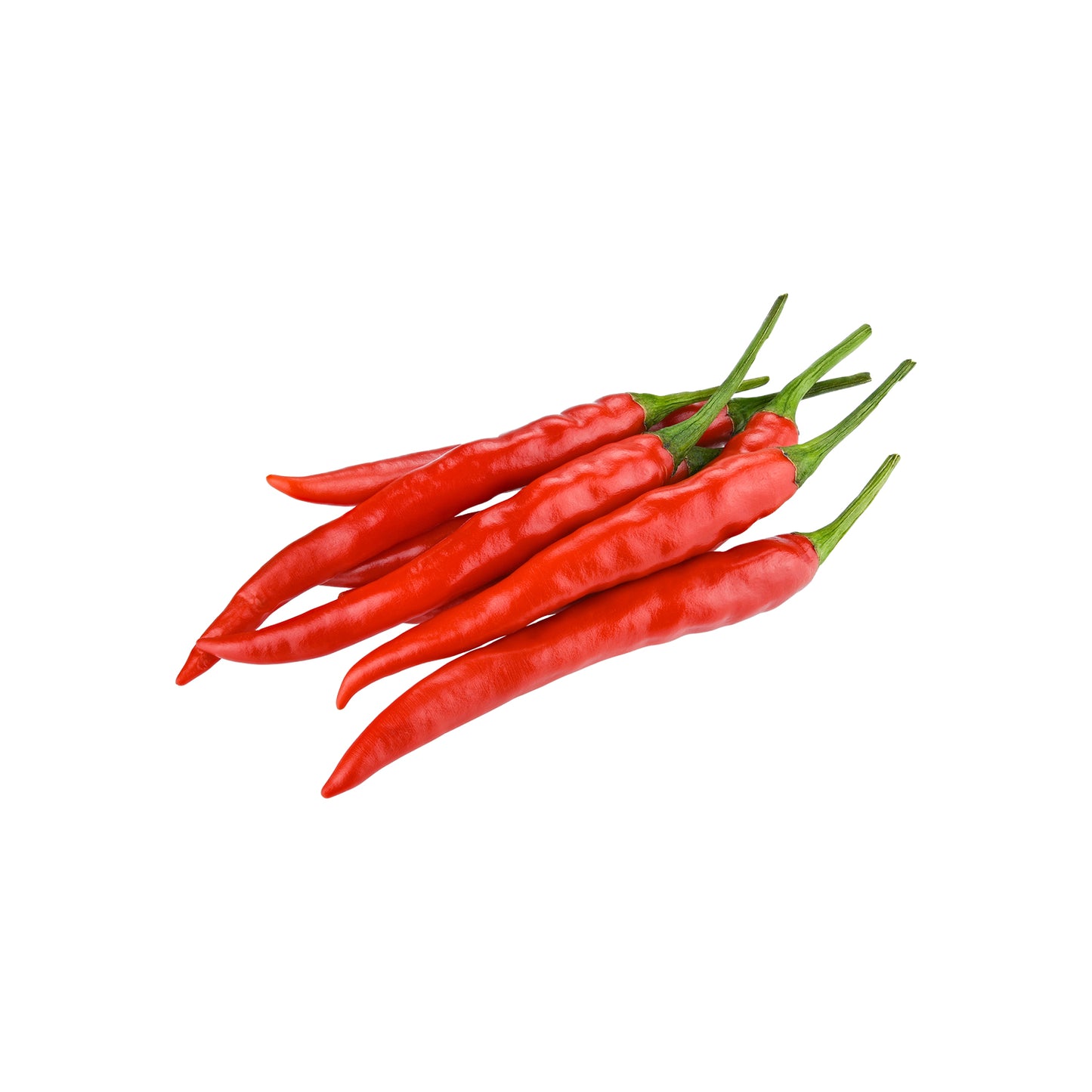 Red Thai Hot chili peppers with green stems on a white background