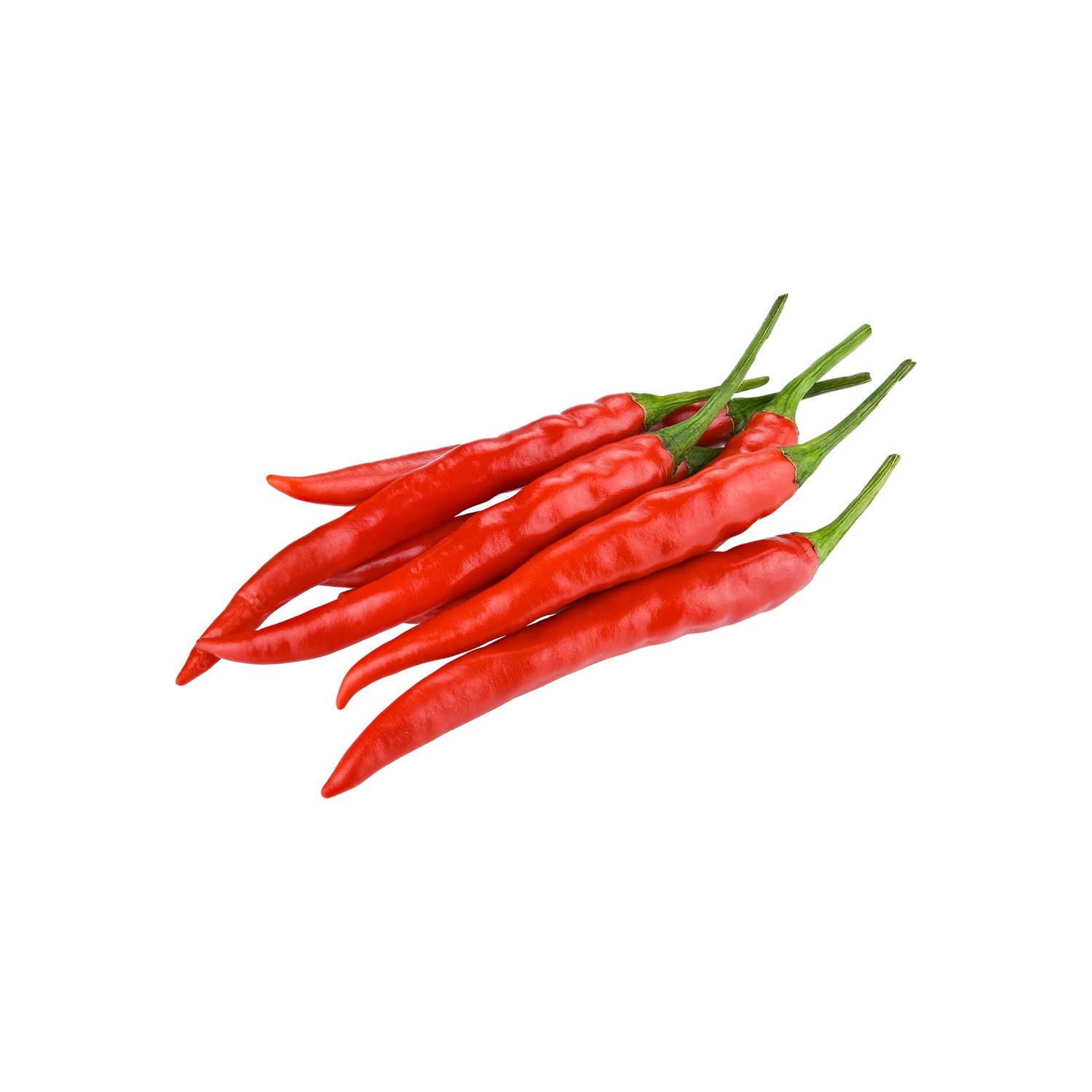 Red Thai Hot chili peppers with green stems on a white background