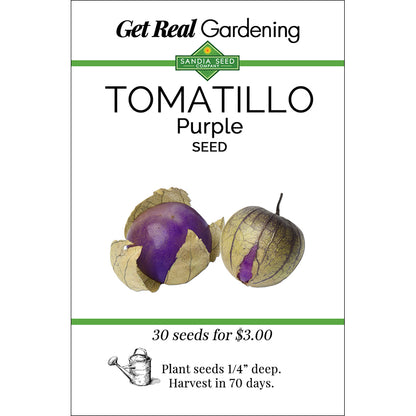 Seed packet for Purple Tomatillo Seeds - Sweet & Juicy - Bushy 20 in. Plant, featuring vibrant fruit image and planting instructions.