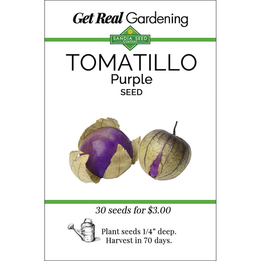 Seed packet for Purple Tomatillo Seeds - Sweet & Juicy - Bushy 20 in. Plant, featuring vibrant fruit image and planting instructions.