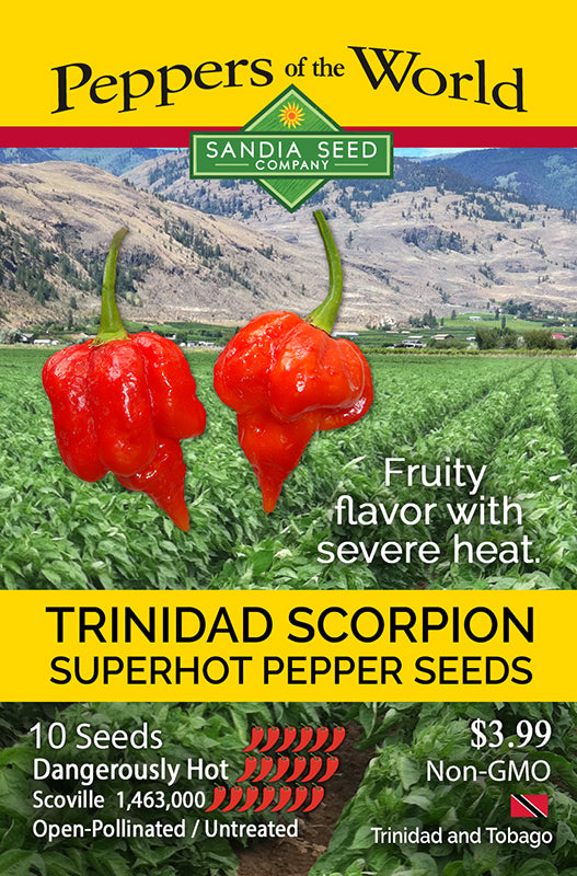 Heirloom Trinidad Scorpion Pepper Seed packet super hot dangerously hot high scoville chile