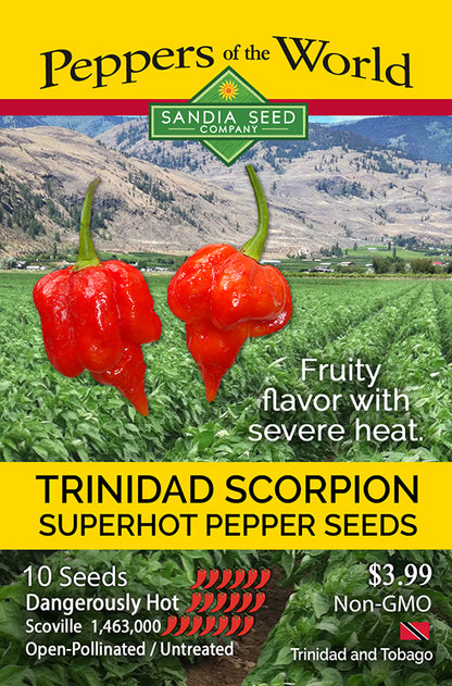 Heirloom Trinidad Scorpion Pepper Seed packet super hot dangerously hot high scoville chile