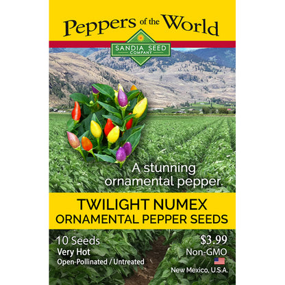 Peppers of the World Twilight Numex pepper seeds packaging with a scenic background