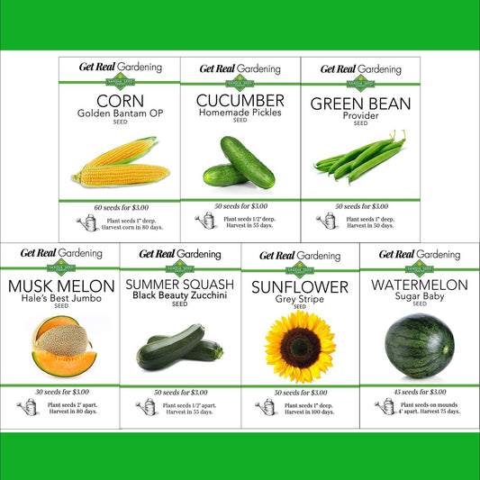 Seeds for Warm-Season Vegetables - Bundle Deal with 7 Seed Packets featuring corn, cucumber, beans, melon, squash, sunflower, and watermelon. Ideal for home gardens, 15% off.