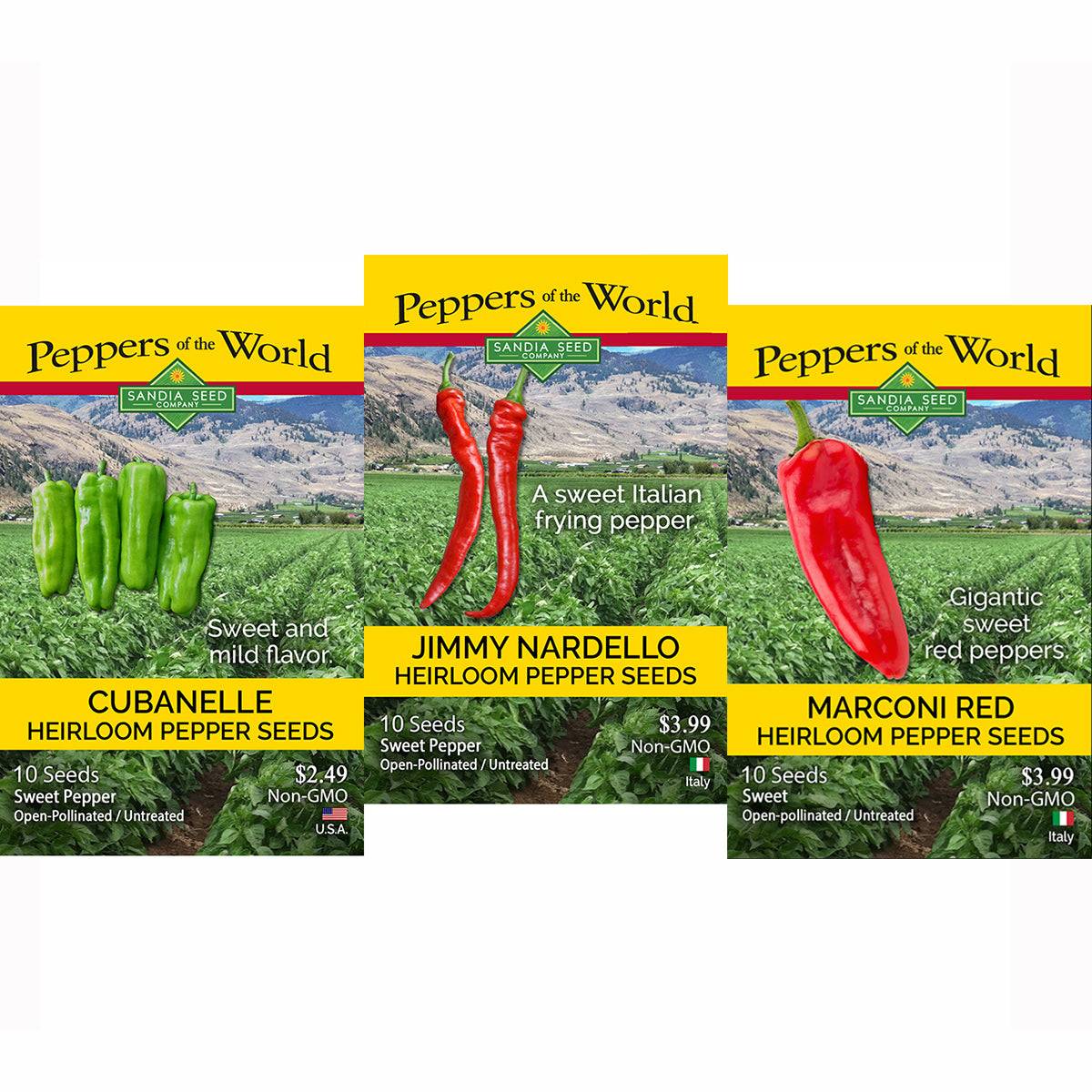 Sweet Italian Pepper Seeds 3-Pack featuring Cubanelle, Jimmy Nardello, and Marconi Red heirloom varieties with vibrant seed packets.