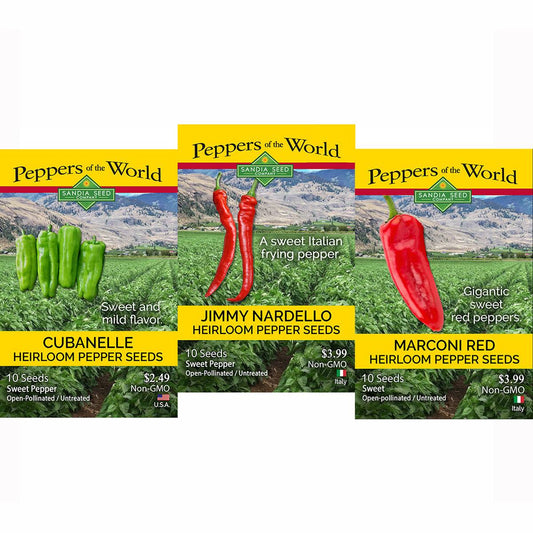 Sweet Italian Pepper Seeds 3-Pack featuring Cubanelle, Jimmy Nardello, and Marconi Red heirloom varieties with vibrant seed packets.