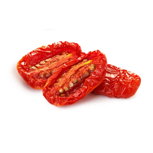 Sun-dried Principe Borghese tomatoes sliced open, showcasing their meaty texture and low seed count, ideal for sauces and preservation.