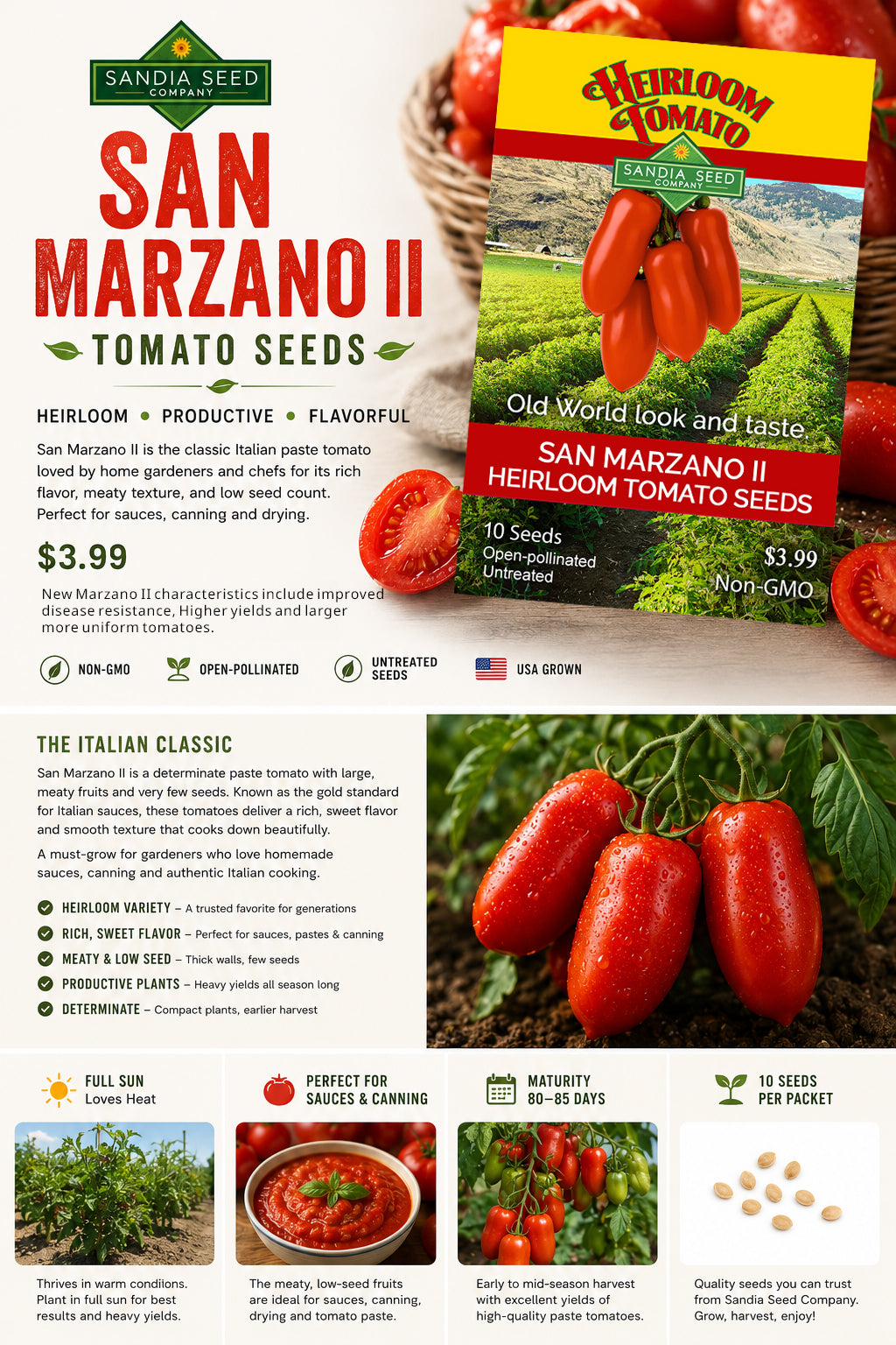 A promotional product sheet for Sandia Seed Heirloom Tomato Seeds, featuring the San Marzano II variety. The layout includes a large yellow and red seed packet, several fresh red tomatoes, and informational text blocks detailing the Italian classic variety, growing tips, and seed counts.