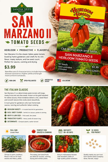 A promotional product sheet for Sandia Seed Heirloom Tomato Seeds, featuring the San Marzano II variety. The layout includes a large yellow and red seed packet, several fresh red tomatoes, and informational text blocks detailing the Italian classic variety, growing tips, and seed counts.